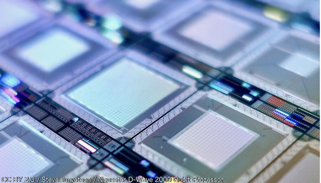 Image: D-Wave 2000 qubit processor of a quantum computer, image by Steve Jurvetson / CC BY 2.0